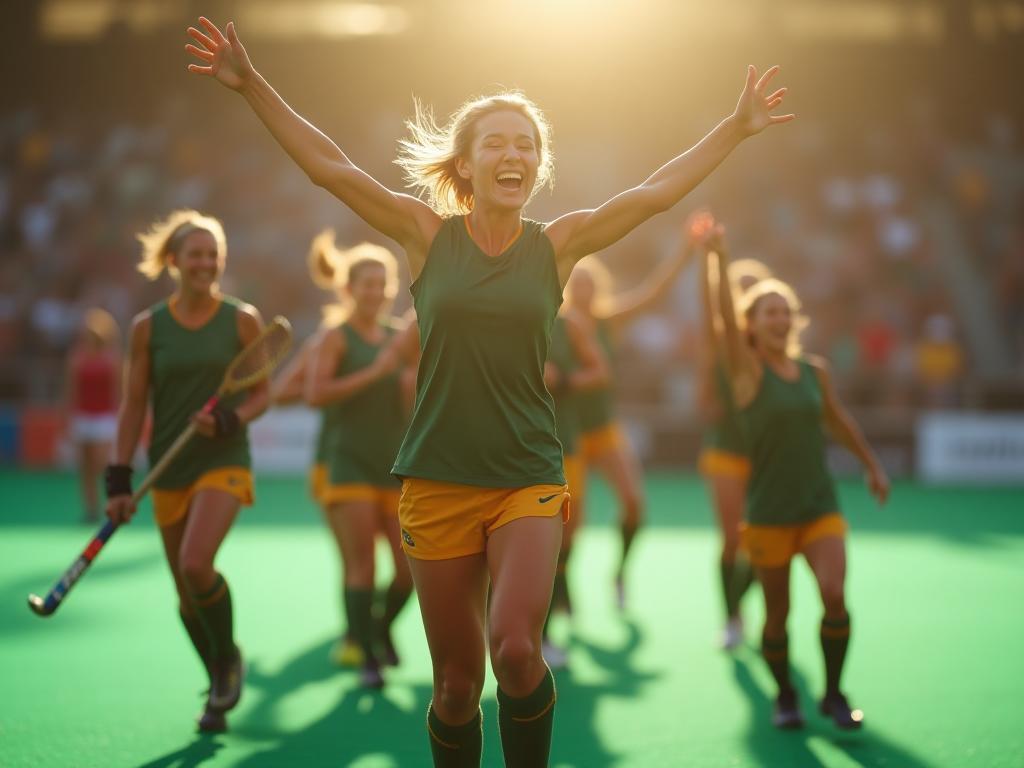 Giocatori di hockey su prato festeggiano una vittoria con attrezzatura Campo Verde